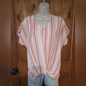 Striped V-Neck Women's Top - Peach And White